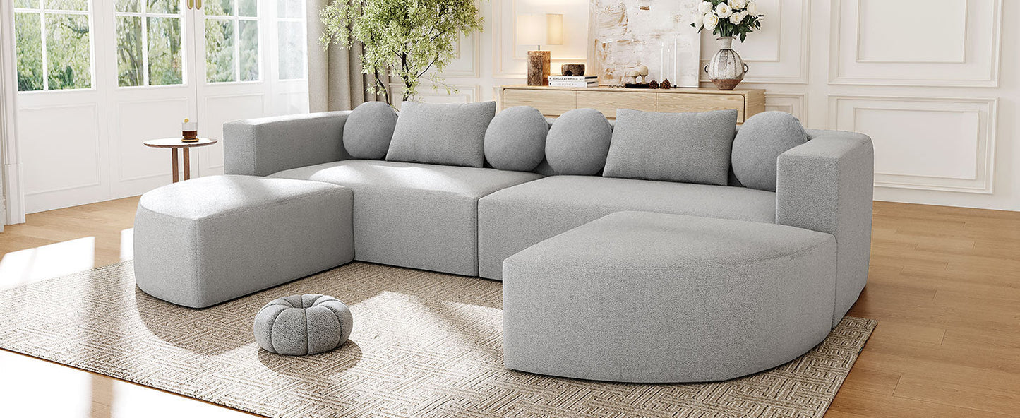 Sectional Sofa U-Shape Modular Boucle Gray 6-Seat Deep Seating 114.9x64.5 In