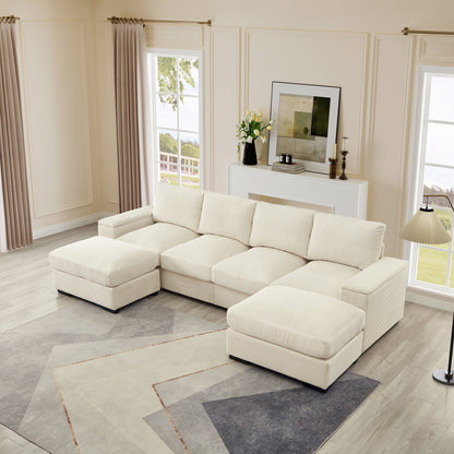 Sectional Sofa U-Shape Corduroy Beige 4 Seat 122 In 2 Ottomans