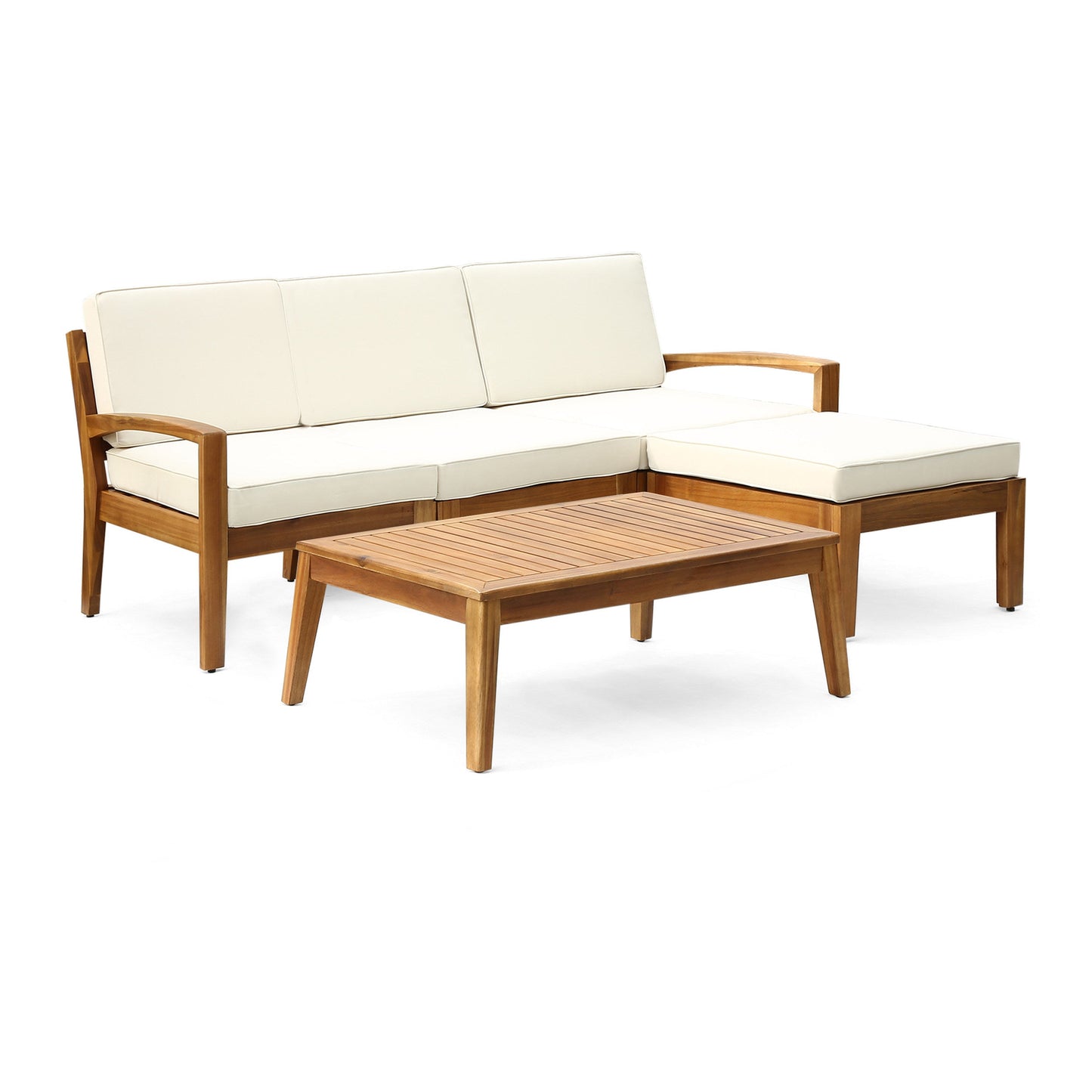 Outdoor Patio Set L-Shape Acacia Wood Teak Beige Cushions 3 Piece