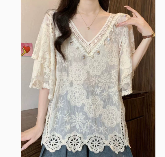 Womens Fashion Embroidered Hollow Lace Short-Sleeve Shirt