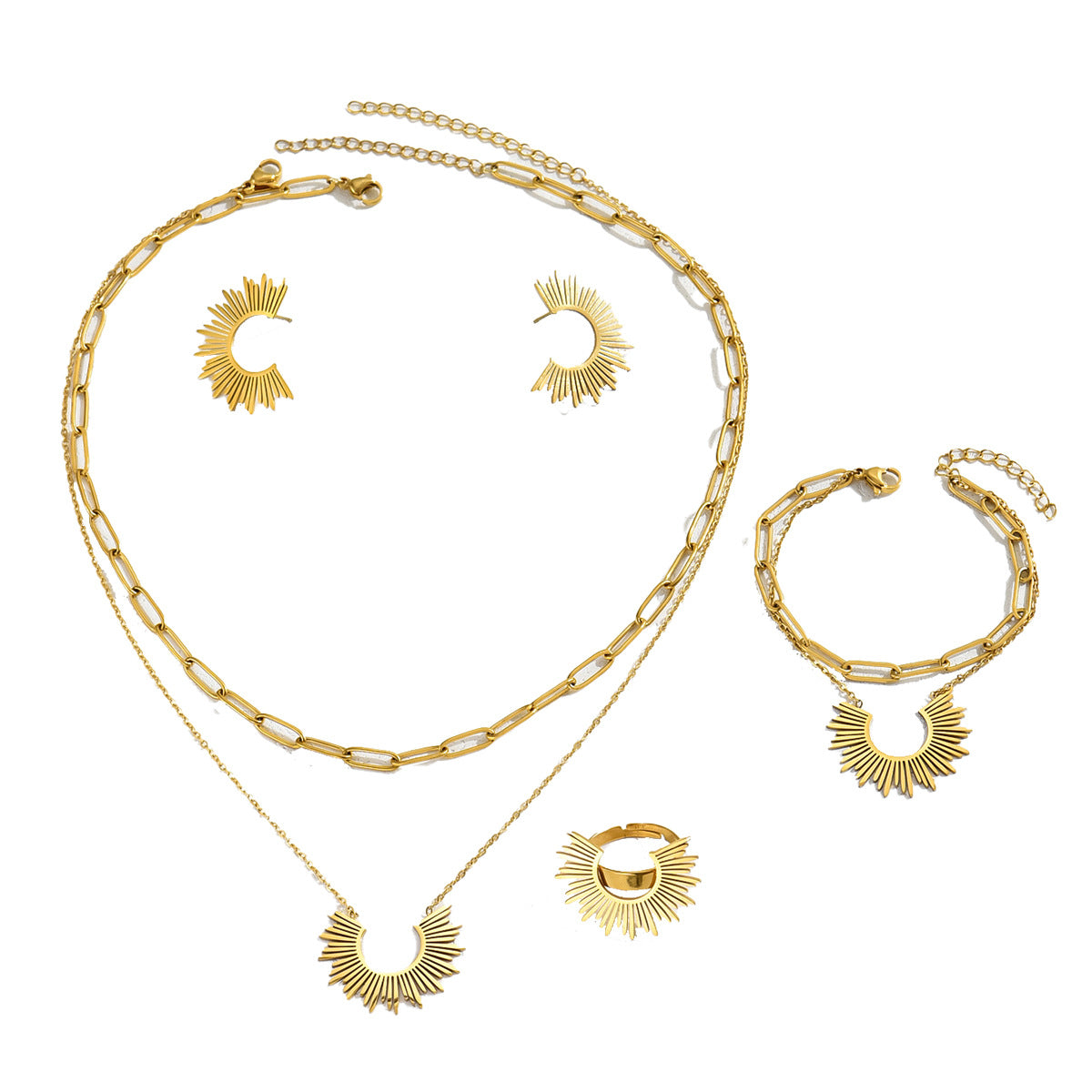 Sweet Elegant Camellia Style Minimal Women Full Jewelry Set, Niche Sunflower Design Bracelet Earrings Long Pendant Necklace Index Finger Ring Daily Accessories