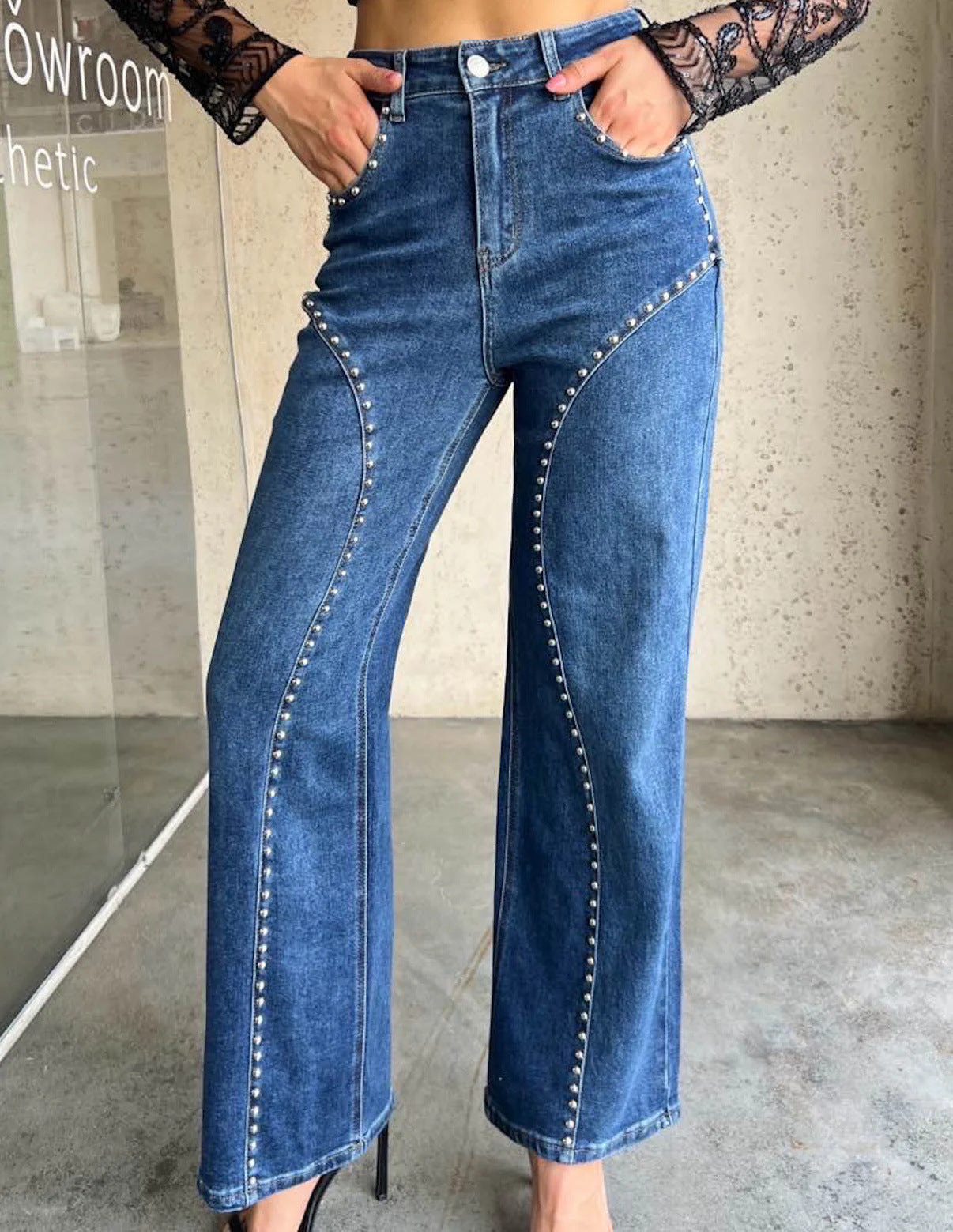 Fashionable Beaded Trendy Street-style Casual Versatile Straight-leg Denim Jeans