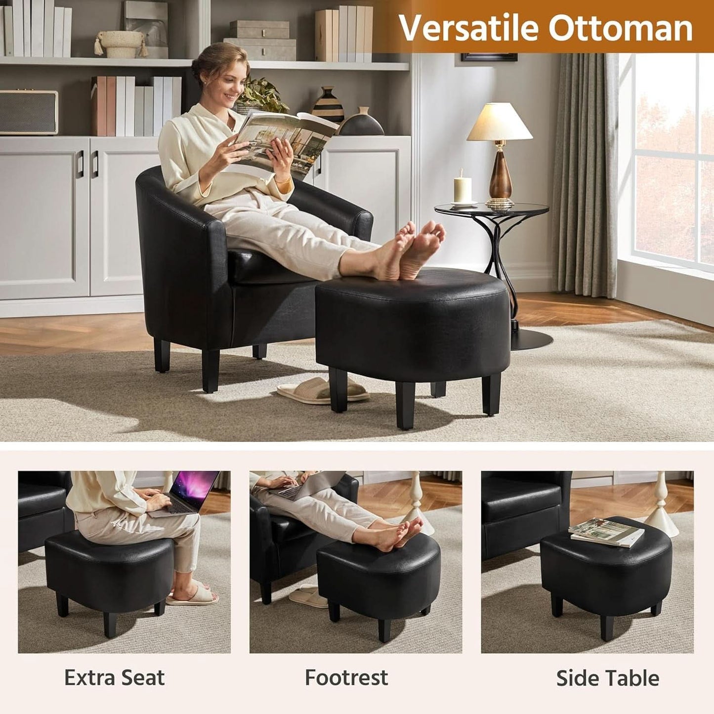 Modern Black Faux Leather Accent Chair With Ottoman Set