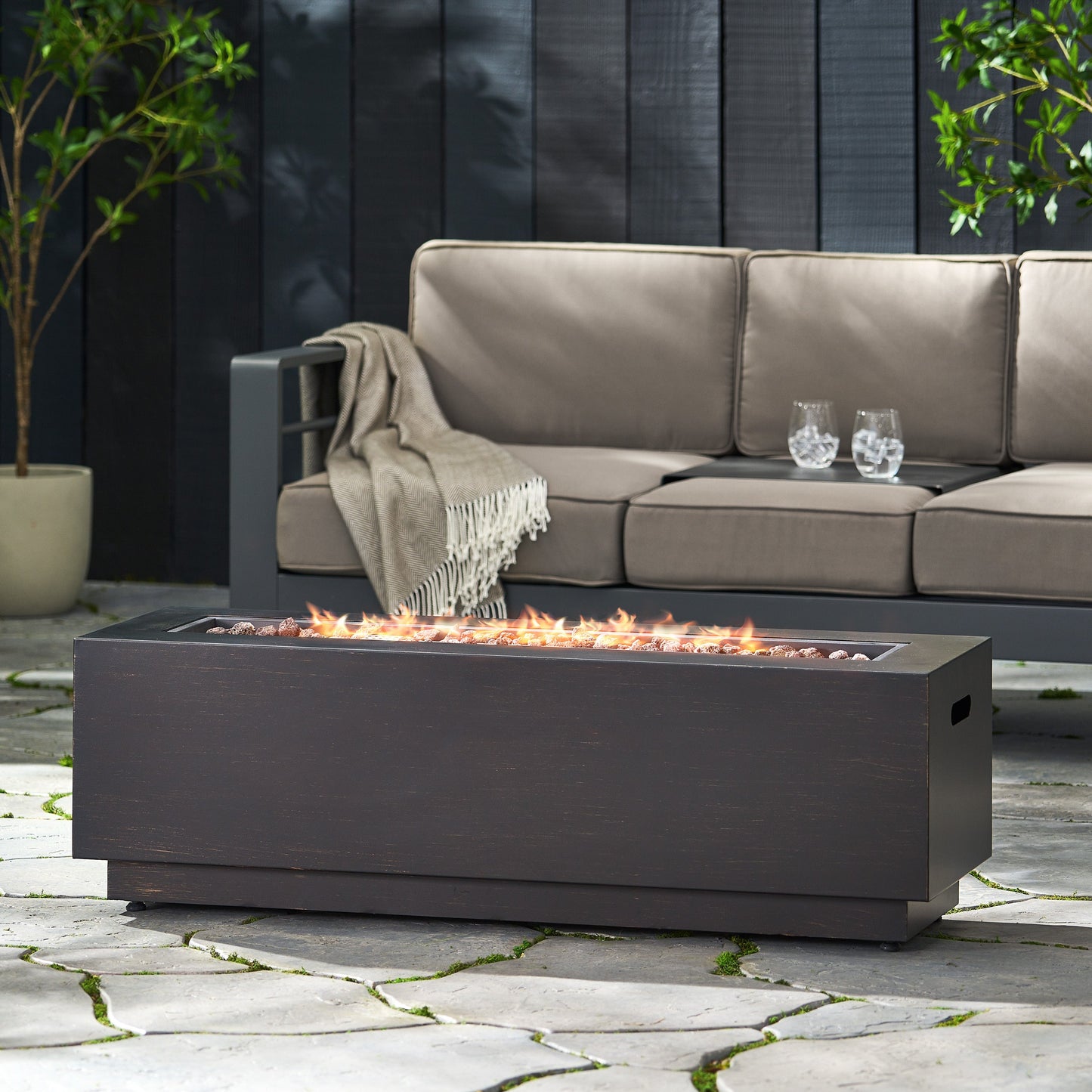 Modern 40 in Outdoor Iron Propane Fire Pit, 50,000 BTU, Sleek Design, Dark Brown