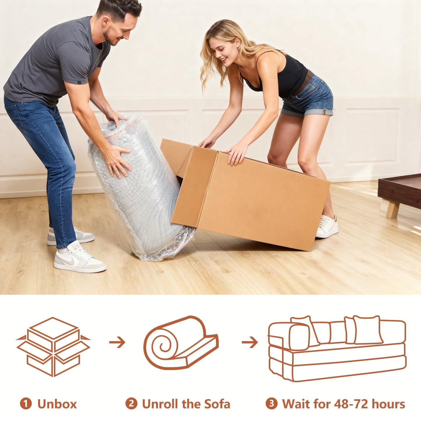 Sofa Bed Convertible 5-in-1 Corduroy Red Floor Steel Frame 74.8 In