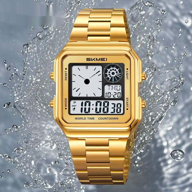 Square Steel-band Golden Waterproof Alarm Clock With A Luminous Digital Display