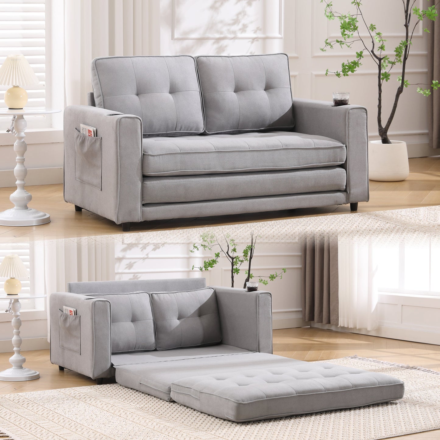3-in-1 Sofa Bed Futon Tufted Pull-Out Sleeper 55" Light Gray