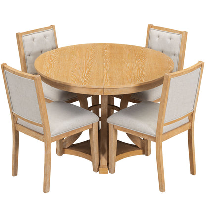 5-Piece Retro Functional Dining Table Set Extendable Round Table and 4