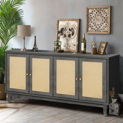 Rattan Sideboard Buffet Cabinet with 4 Rattan Doors, Antique Dark Grey