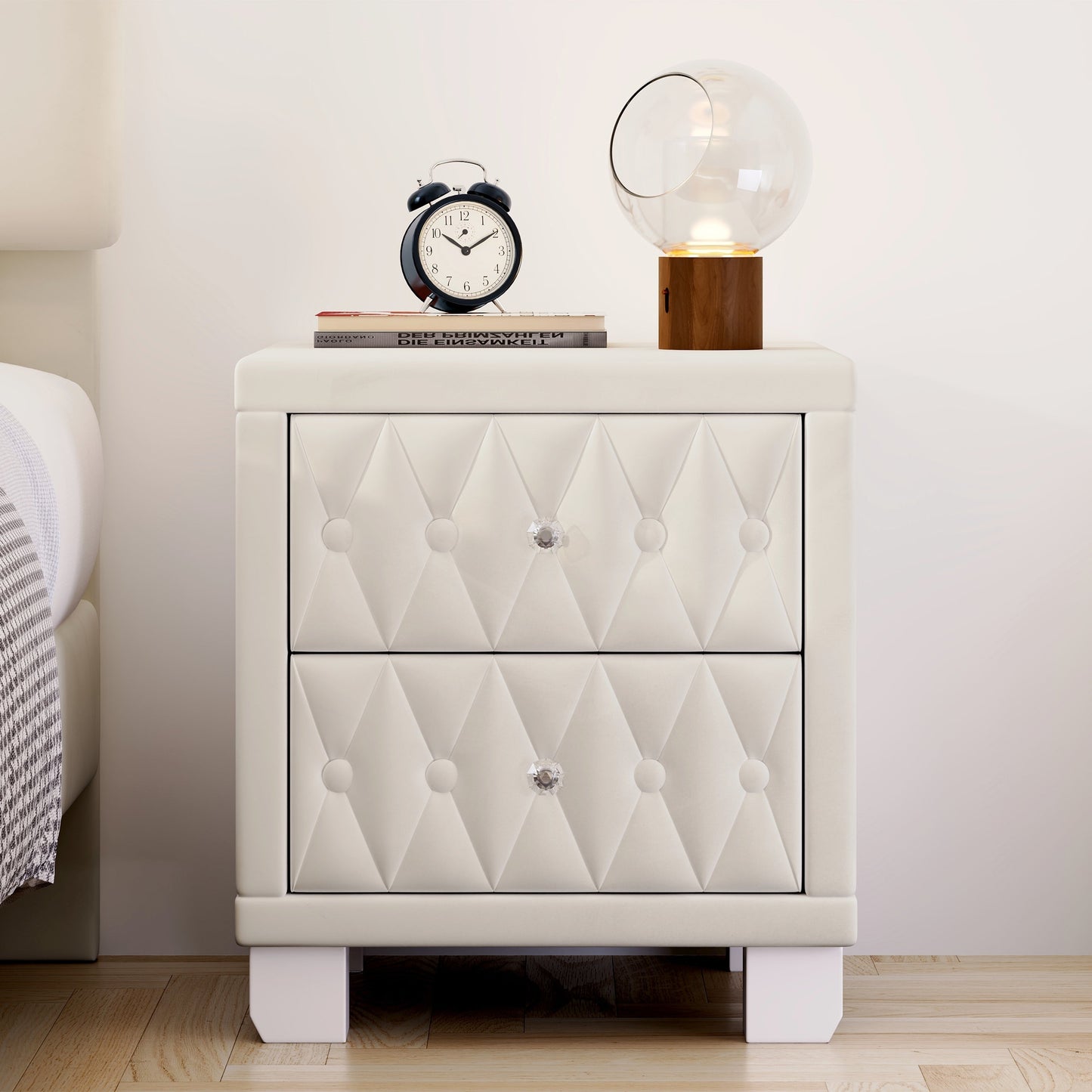 Velvet Nightstand with 2 Drawers, Crystal Handle, Button-Tufted, Beige