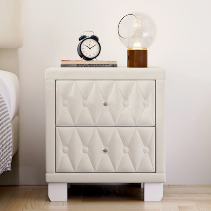 Velvet Nightstand with 2 Drawers, Crystal Handle, Button-Tufted, Beige