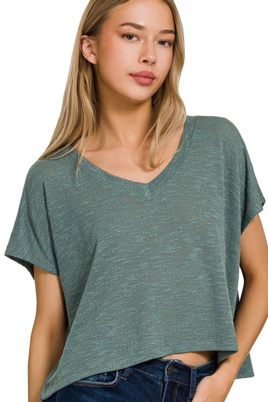 Zenana Hacci Slub V-neck Drop Shoulder Crop Top