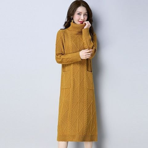 Womens High-neck Long Fleece-lined Extra-thick Loose-fitting Sweater