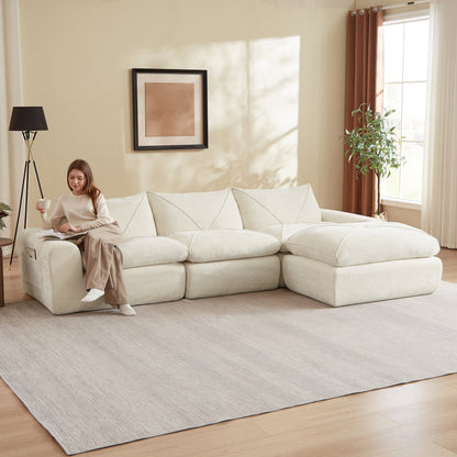 Sofa Modern Chenille Beige 4 Seat with Footrest 119 In