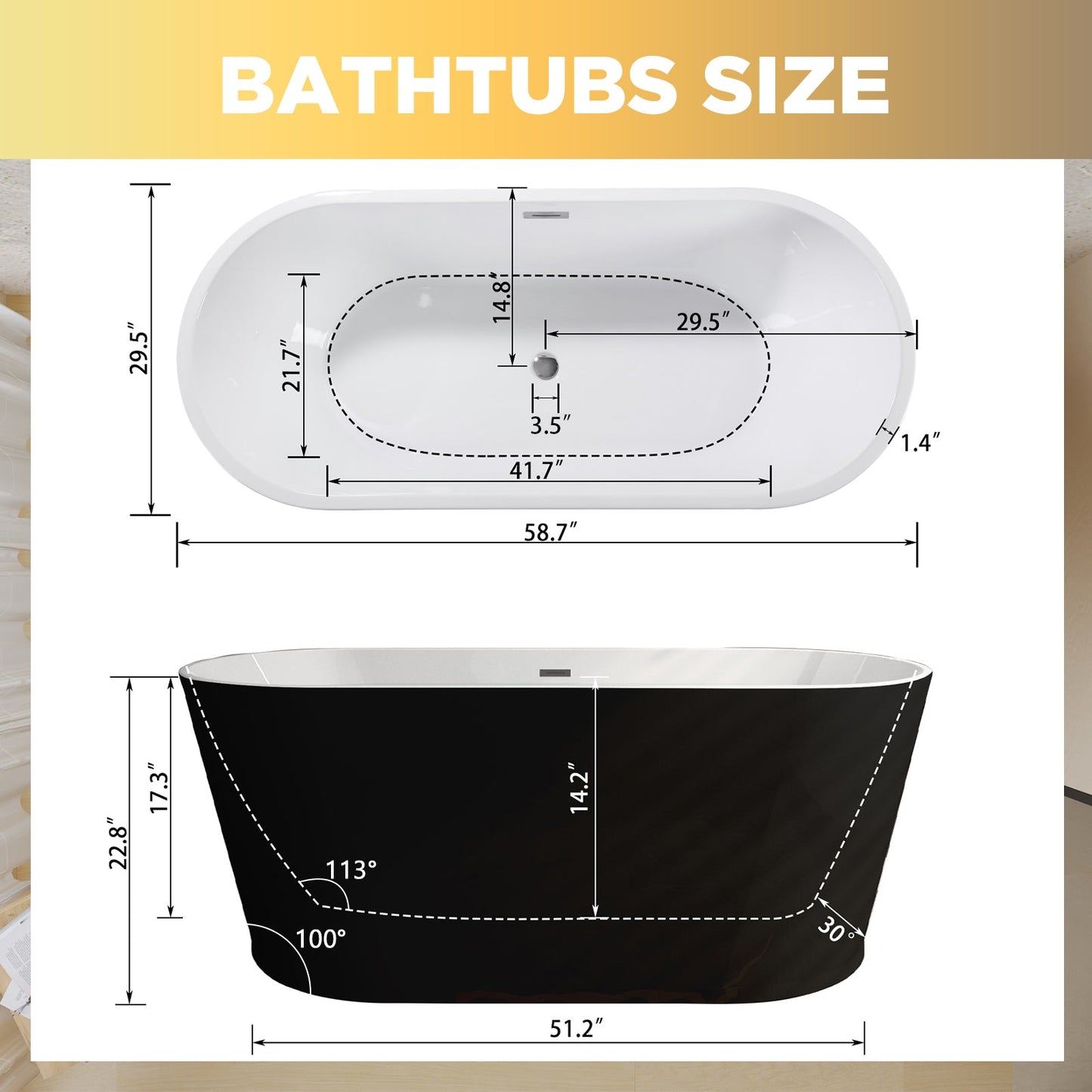 59in Glossy Black Acrylic Freestanding Soaking Tub with Chrome Drain, cUPC
