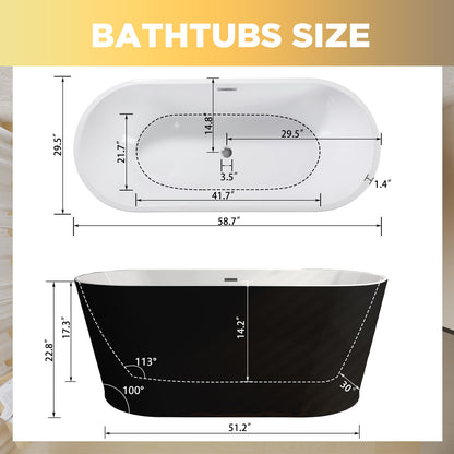 59in Glossy Black Acrylic Freestanding Soaking Tub with Chrome Drain, cUPC