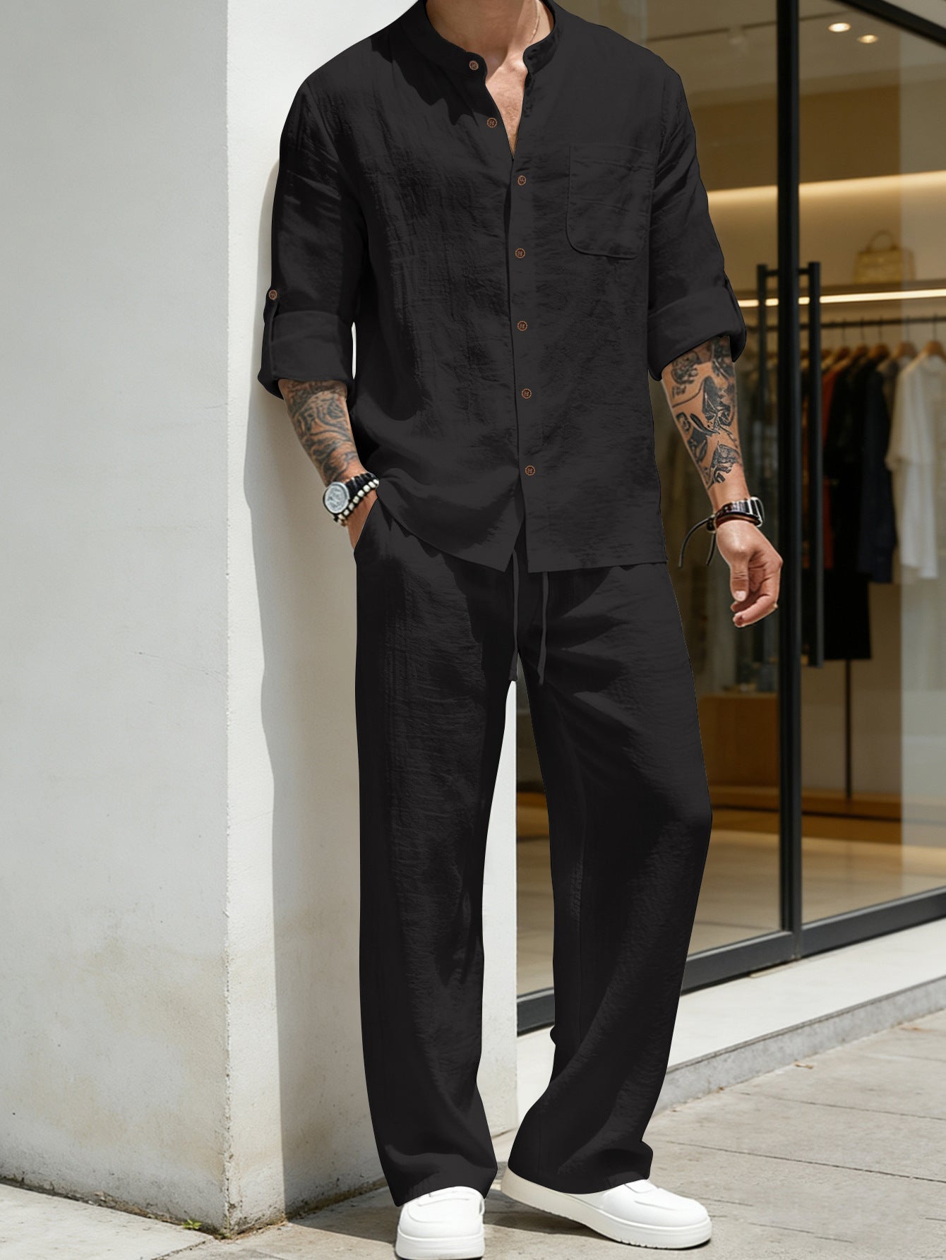 Mens Solid-Color Linen Long-Sleeve Shirt And Pants Two-Piece Set
