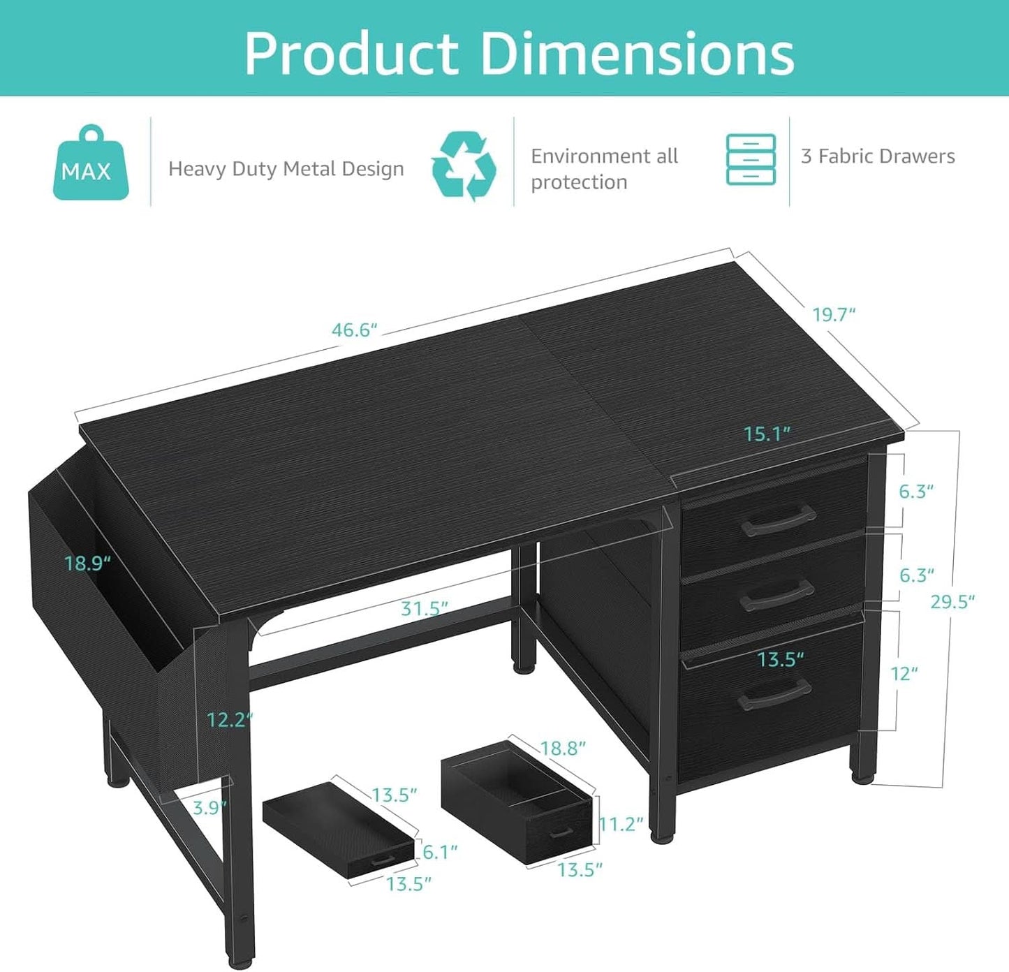 47 Inch Computer Desk With File Drawers For Small Space