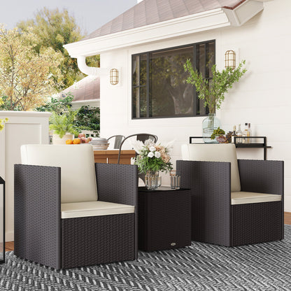 Outdoor Bistro Set PE Rattan Brown Folding 3 Piece Tempered Glass Table