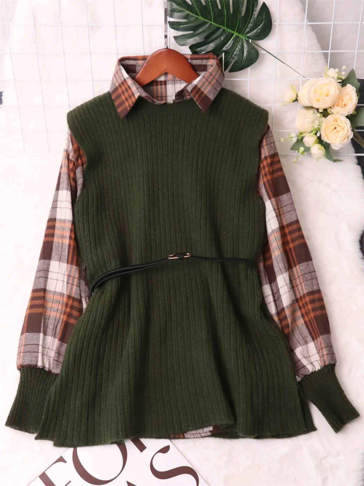 Plaid Long Sleeve Sweater Dress