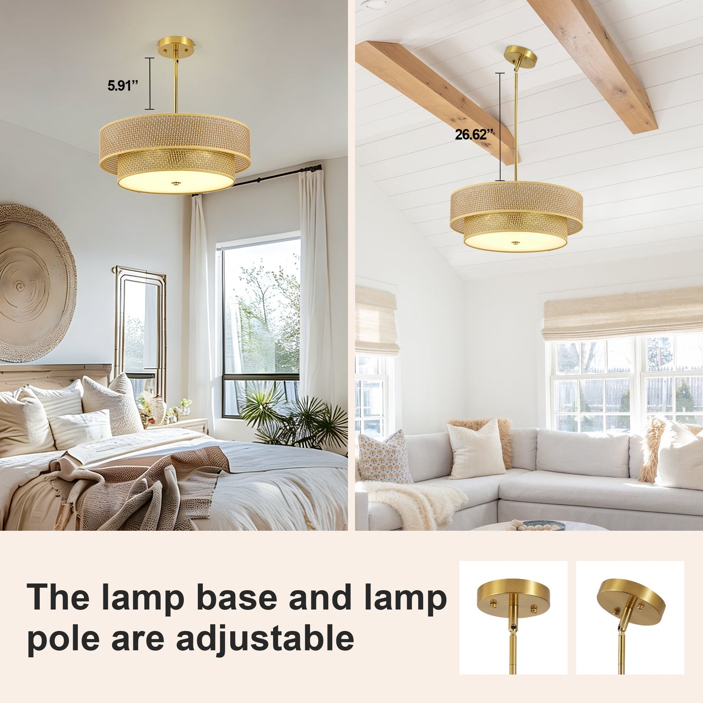 Semi Flush Mount Ceiling Light Woven Rattan Linen Boho Drum 17.7 In