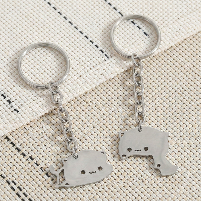 2Pcs Cute Dudu Bubu Hug Cat Couple Keychain Set, Stainless Steel Double Cat Charms, Round Key Ring & Heart Lobster Clasp, Sweet Matching Pair Gift For Lovers