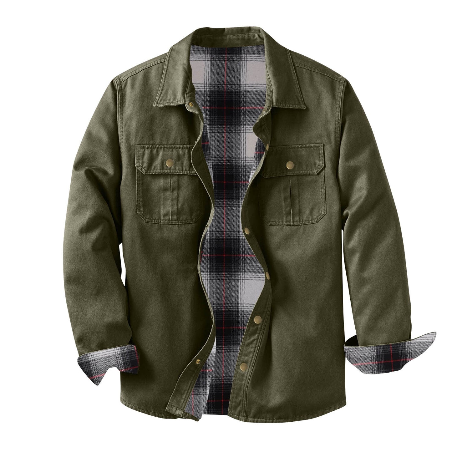 Washed Canvas Work Jacket With A Plaid Lining, Durable And Warm