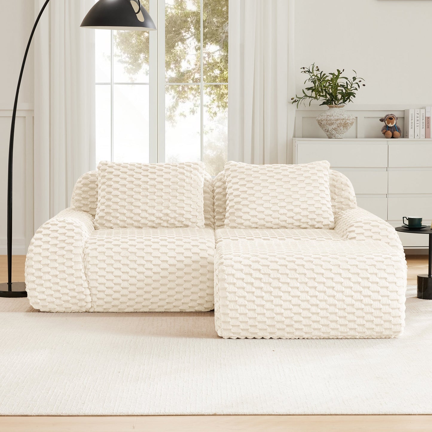 Sectional loveseat L-Shape Flannelette Cream 2 Seat with Ottoman 82 In