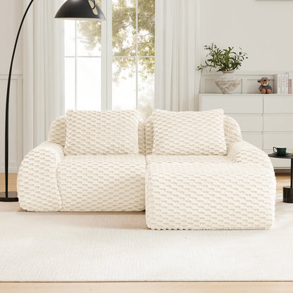 Sectional loveseat L-Shape Flannelette Cream 2 Seat with Ottoman 82 In