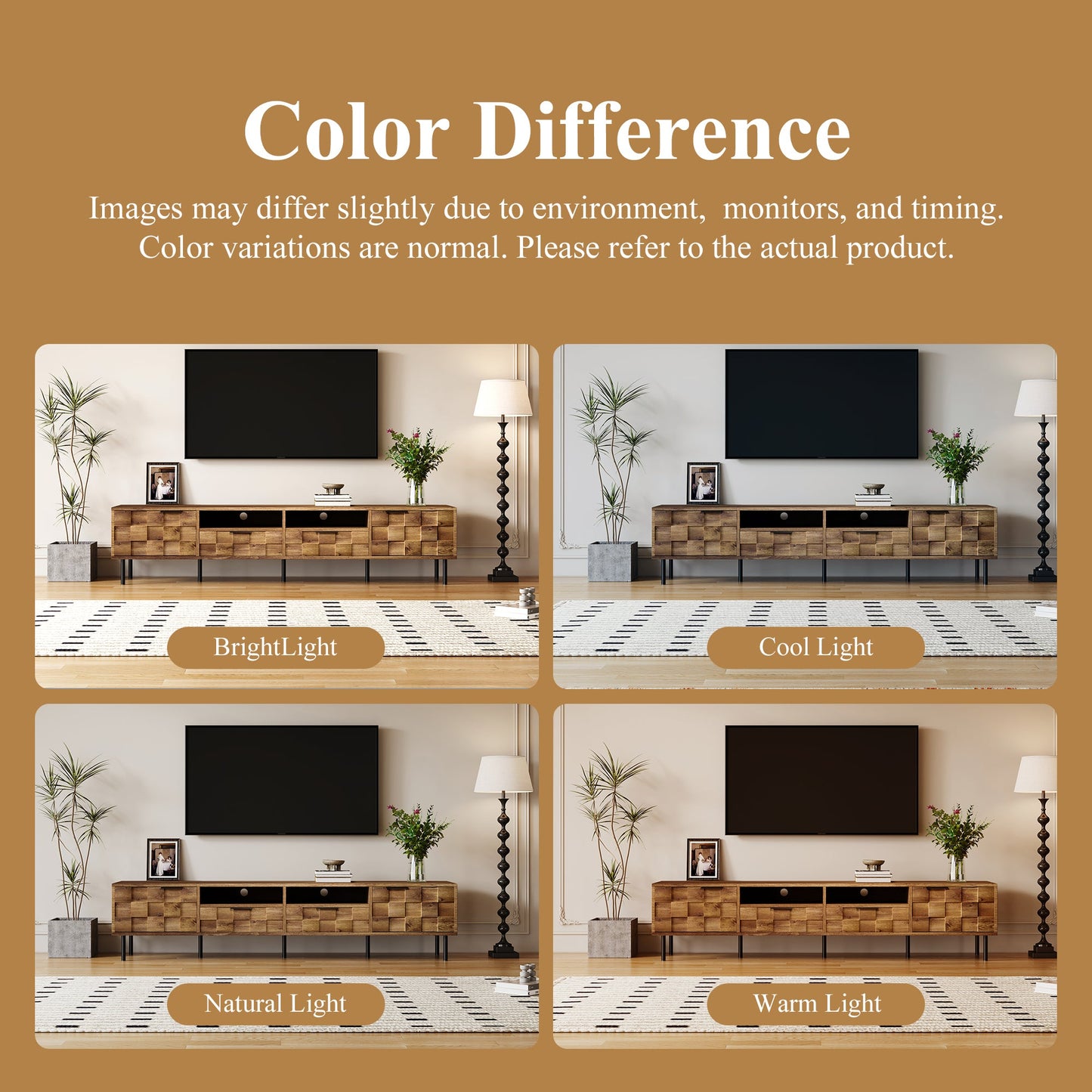 TV Stand Mid-Century Natural Particle Board 2-Drawer Open Storage Fits 85 In TV