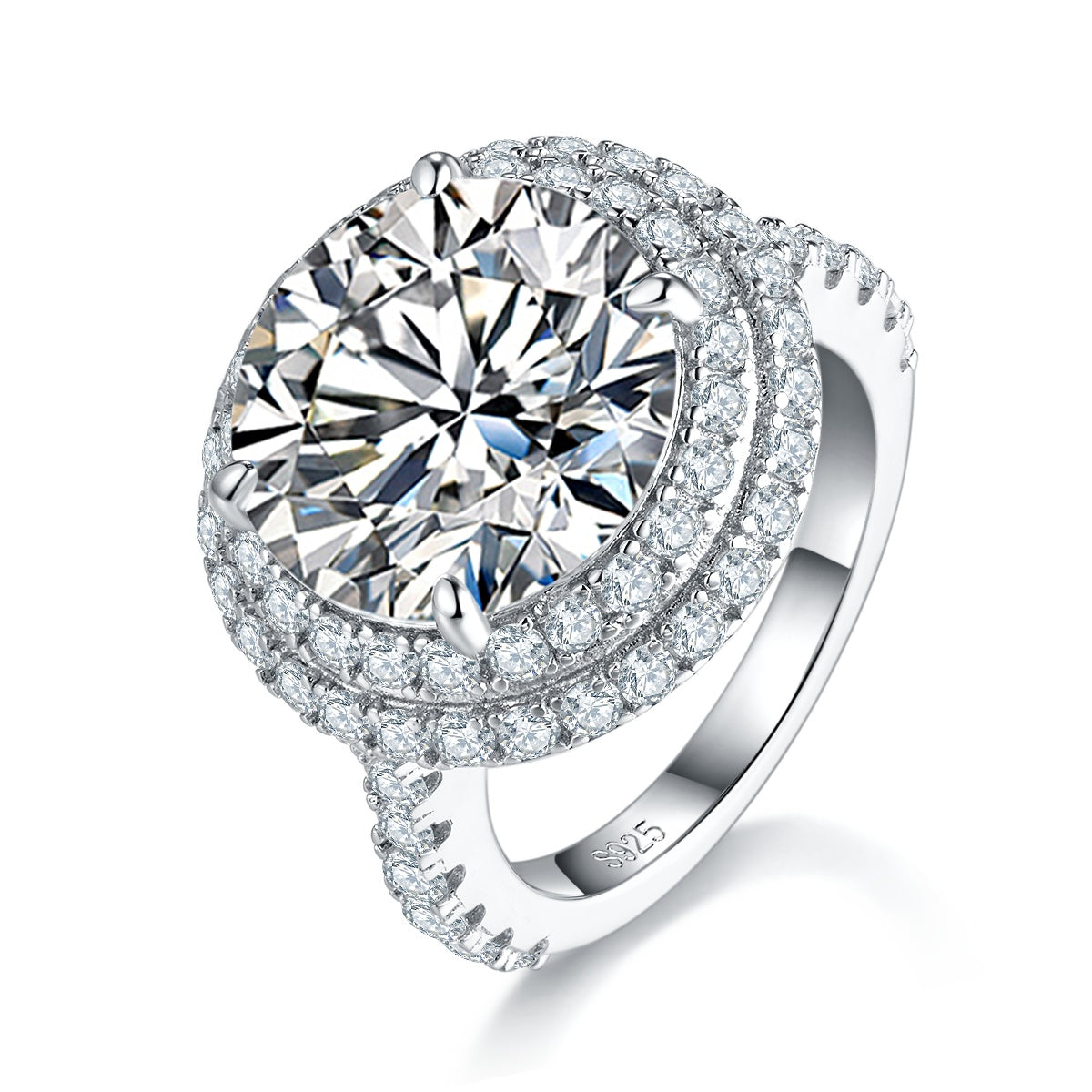 S925 Sterling Silver 8ct Moissanite Ring, 13mm D-VVS1 Double Halo Pave Band, Platinum Plated US Sizes 5-9 GRA Gift Box