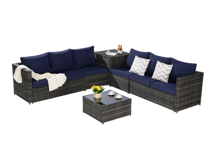 Outdoor Sectional Set PE Rattan Steel Dark Blue L-Shape 6 Piece Seats 8
