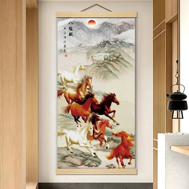 Silk Eight Horses Poster Canvas Scroll Painting Chinese Style Hanging Painting Living Room Office Room Decor Anime Aesthetic