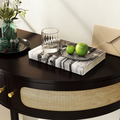 Half-Moon Console Table with Rattan Sliding Doors | Boho Semicircle Entryway Table with 2 Storage Cabinets & Bottom Shelf