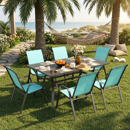 7 Piece Outdoor Dining Set Seats 6 Steel Wood Grain