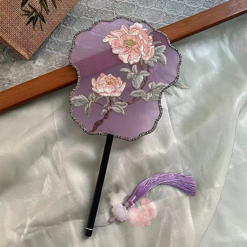 Ancient Style Fan Chinese Style Hanfu Dance Shooting Long Handled Embroidered Classical Double Sided Fan Female Decorative Fan