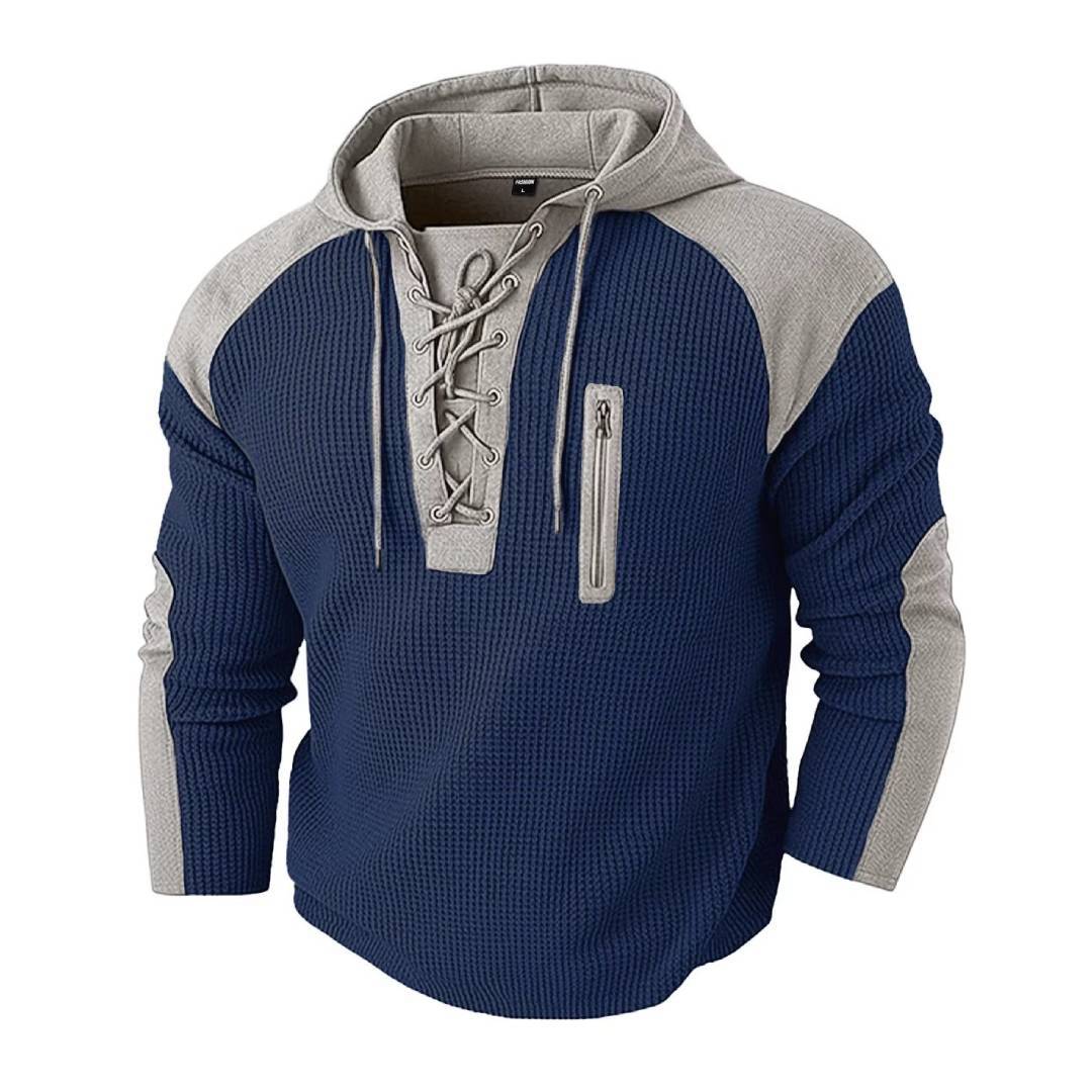 Mens Drawstring Hoodie Waffle-Weave Sweatshirt