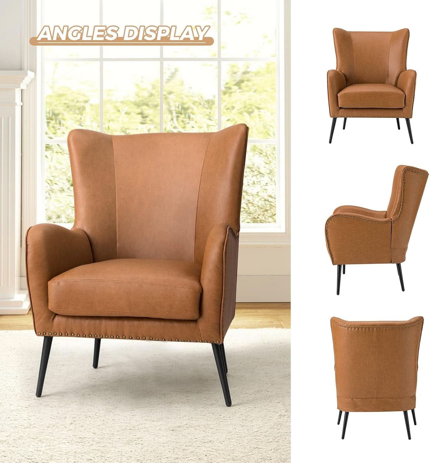 Faux Leather Wingback Chair With Black Nailhead Trim