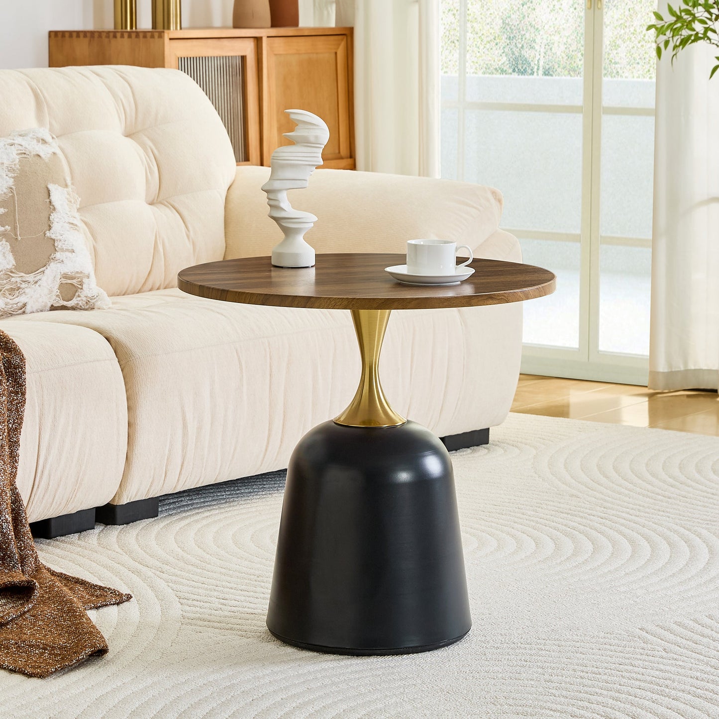 23.6 in Round Side Table, Metal Base, Walnut Wood Grain, Living Room Office