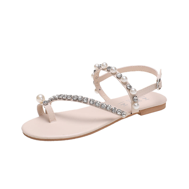 2026 Spring Summer New Rhinestone Pearl Toe Loop Roman Flat Sandals For Women, Plus Size Gentle Fairy Style Unique Ladies Shoes