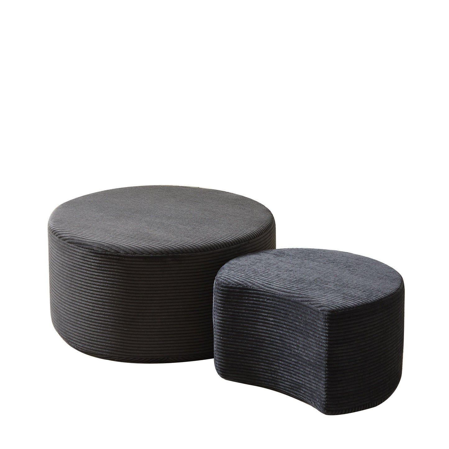 Upholstered Round Coffee Table Set of 2, Black Corduroy Fabric, No Assembly