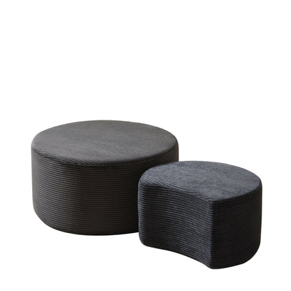 Upholstered Round Coffee Table Set of 2, Black Corduroy Fabric, No Assembly