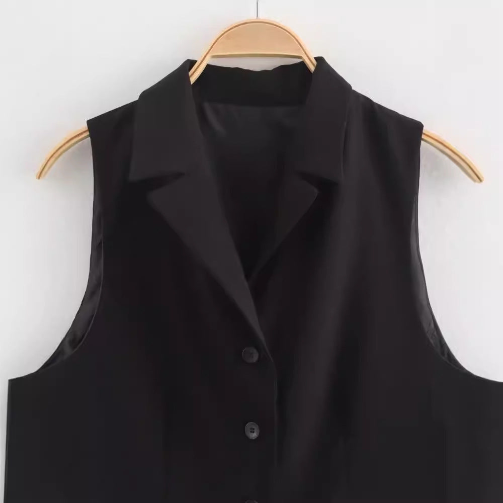 Womens Solid-Color Elegant Lapel Sleeveless Single-Breasted Vest