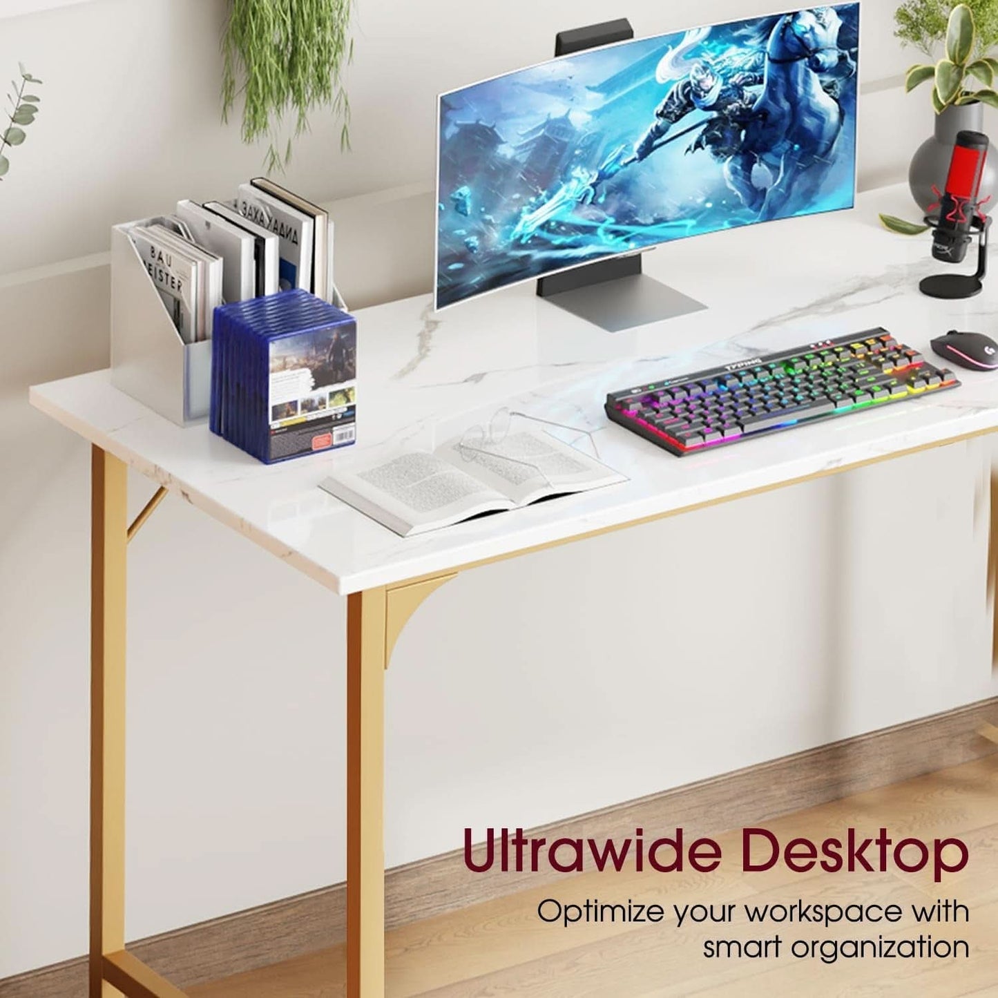 47 Inch Computer Desk Gold Metal Frame Modern Home Office Desk