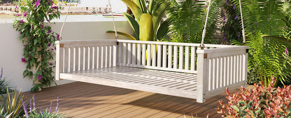 Outdoor Swing Bed Acacia Wood White Twin Size Minimalist 79.1x41.3 In 350 LB