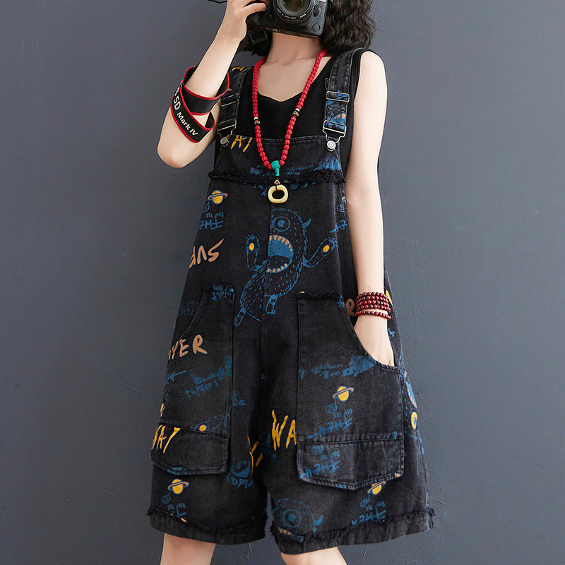 Retro Fashion Print Loose Denim Strap Shorts For Women