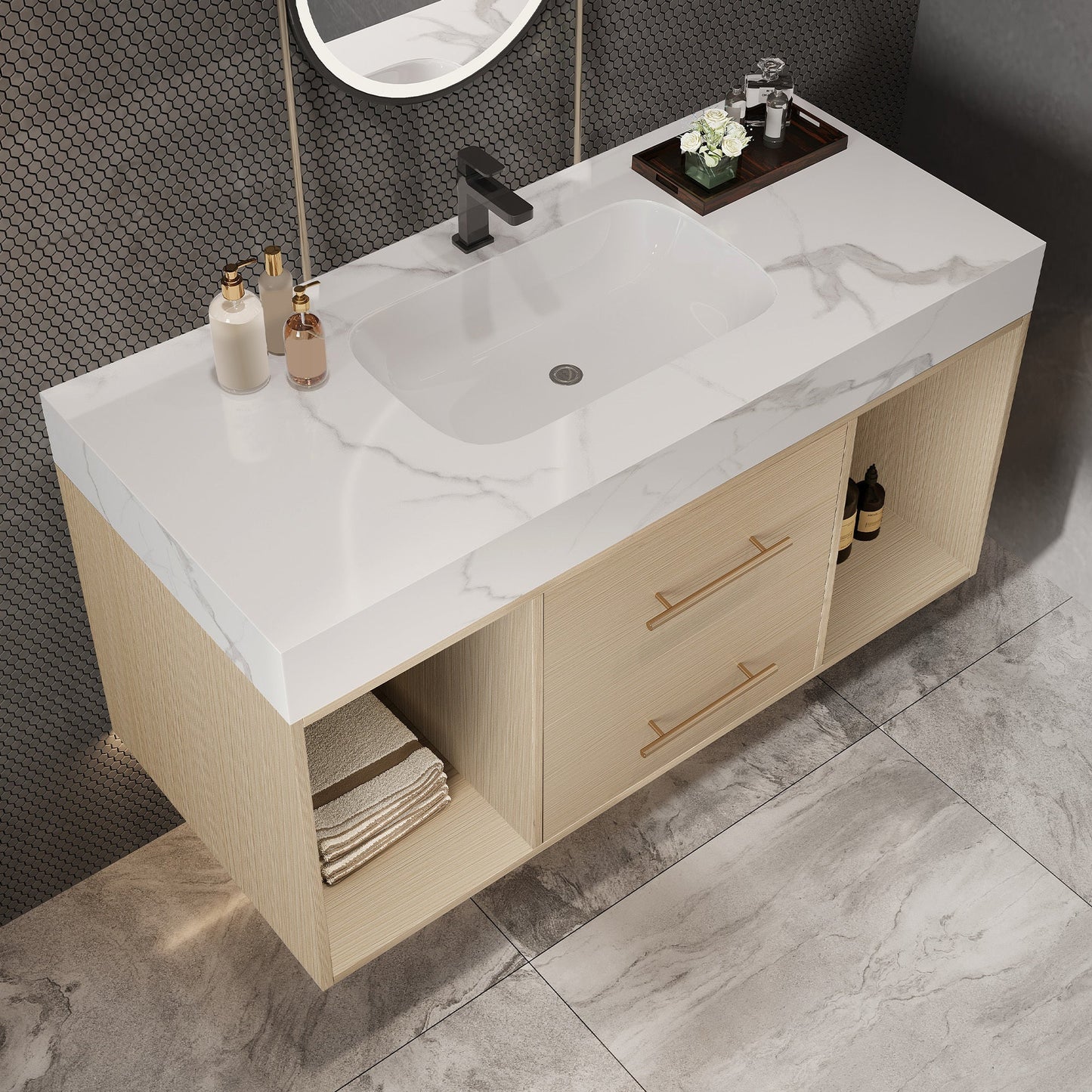 39.4'' Floating Bathroom Vanity with Ceramic Sink, 2 Soft Close Drawers