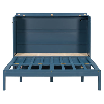 Queen Size Murphy Bed Wall Bed with Drawer and Sockets and USB Ports, Navy Blue