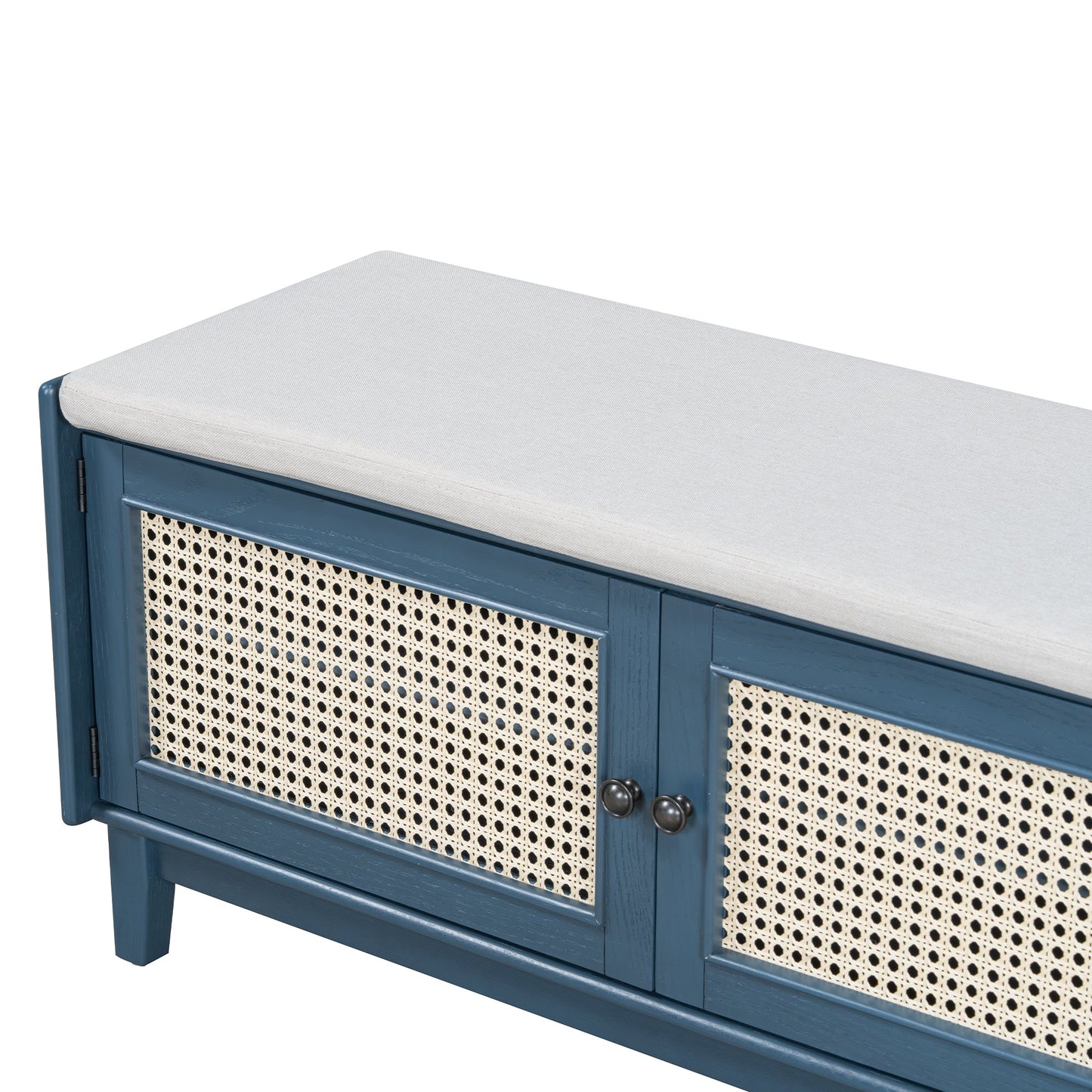 Boho Rattan Entryway Bench with Storage, Cushioned Shoe Bench with Double