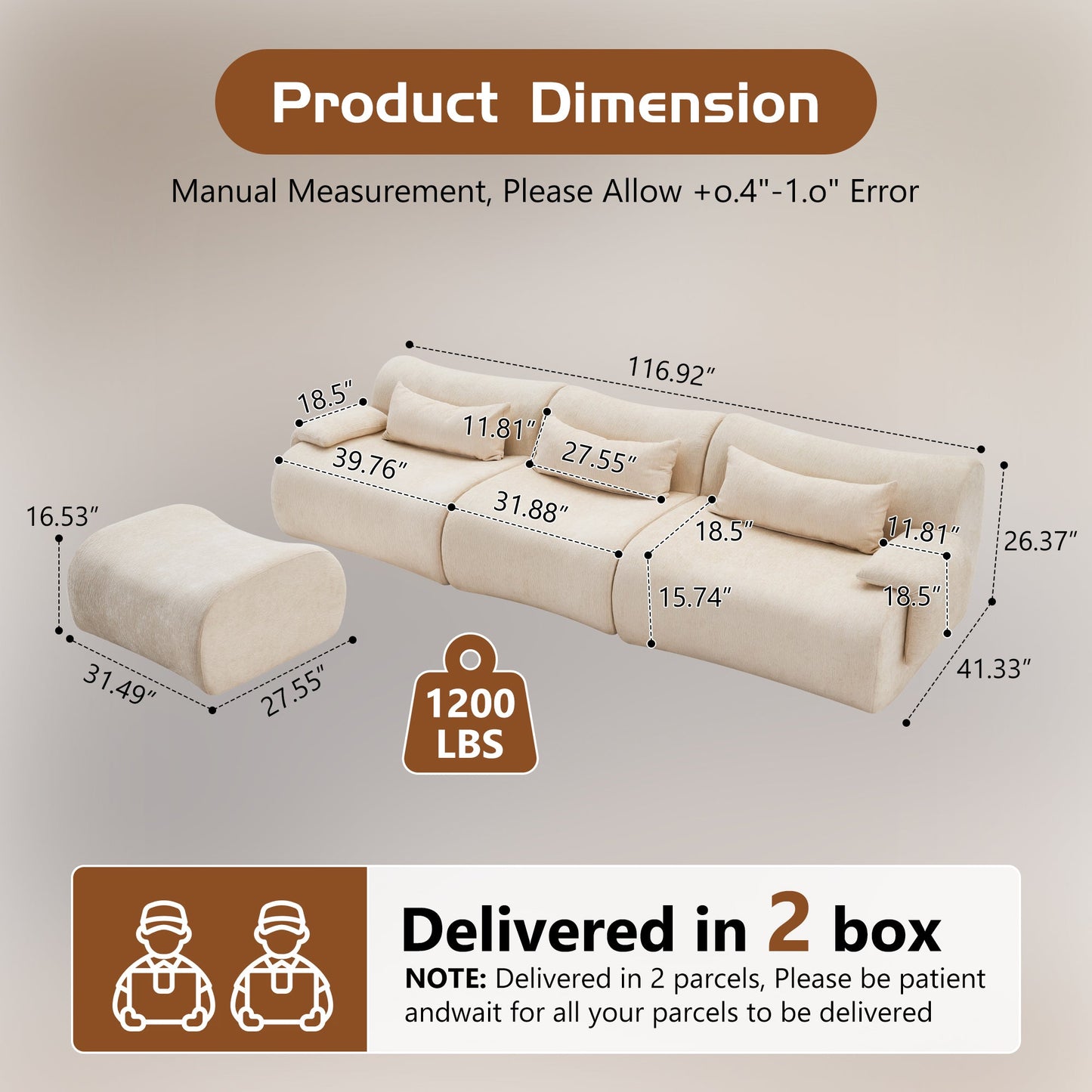 Sofa Curved White 3 Seat Anti-Slip 118 In No Assembly High-Density Foam